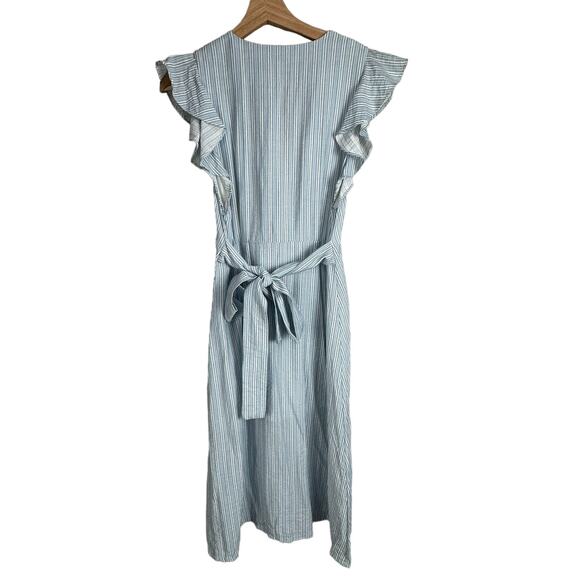 Storee Blue White Stripe Button Front Tie Waist Plunging Midi Flutter Dress S - Picture 6 of 11
